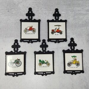 5 Small Cast Iron Ceramic Tile Trivets Antique Cars 6.75" Japan Farmhouse Deco